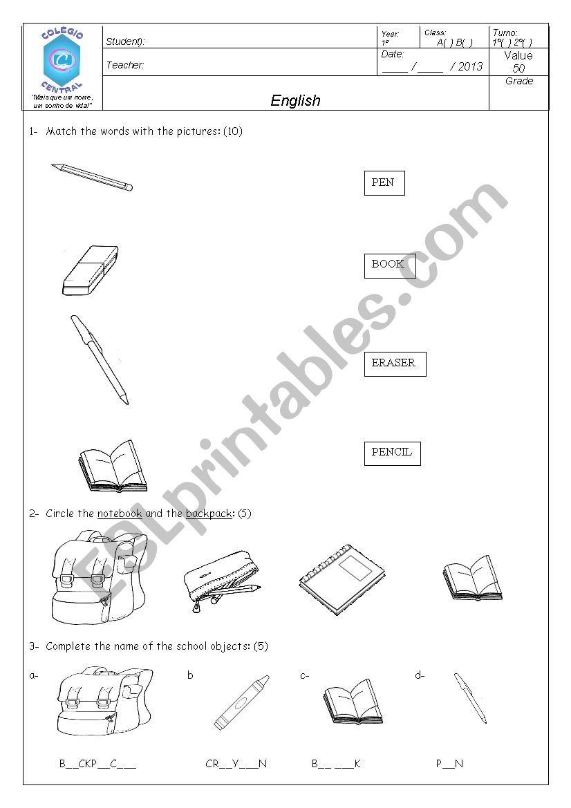 English test for kids worksheet