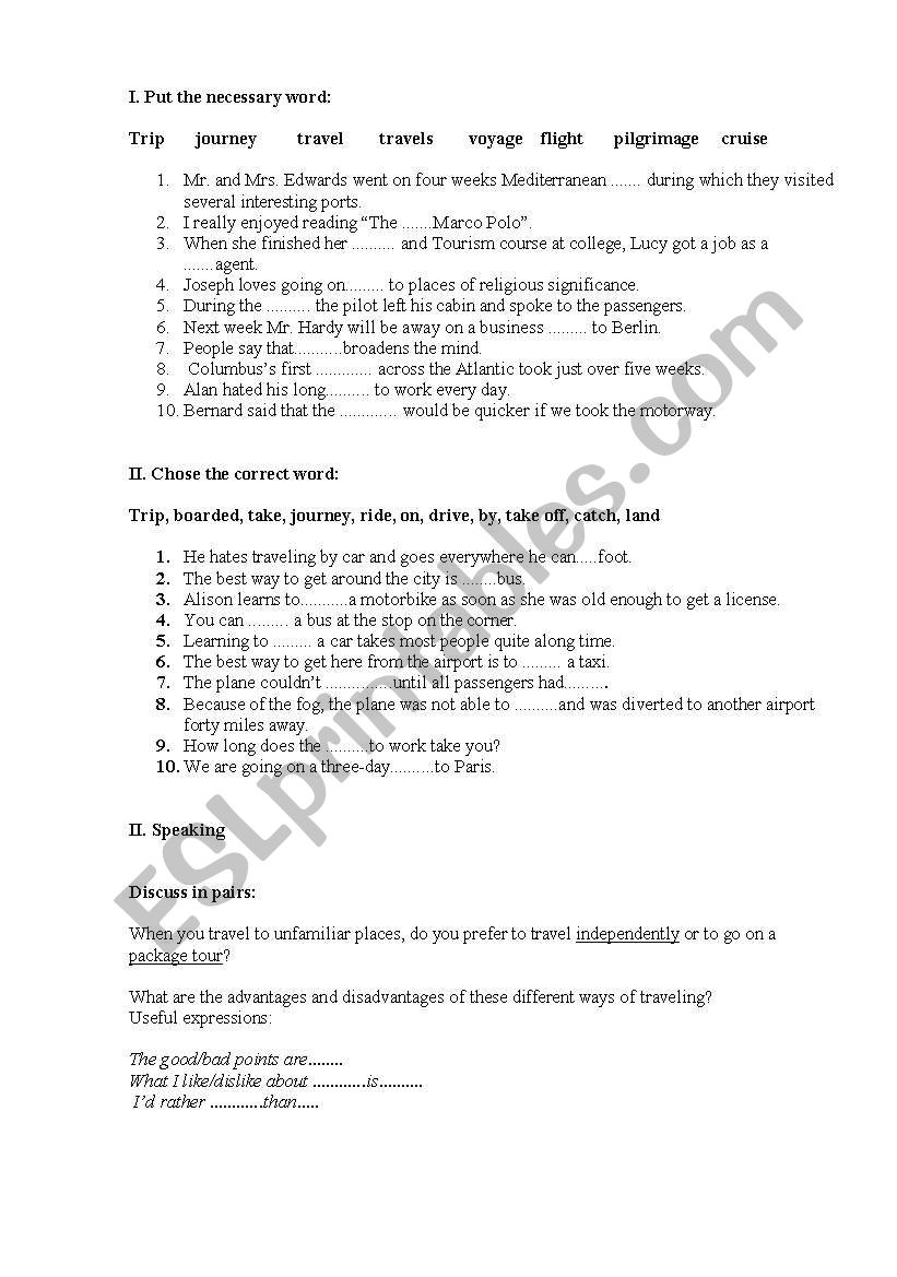 Trvel vocabulary test worksheet