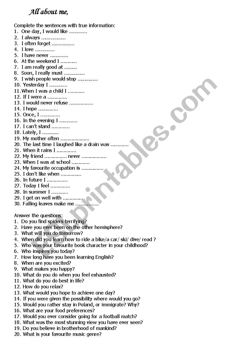 All about me worksheet