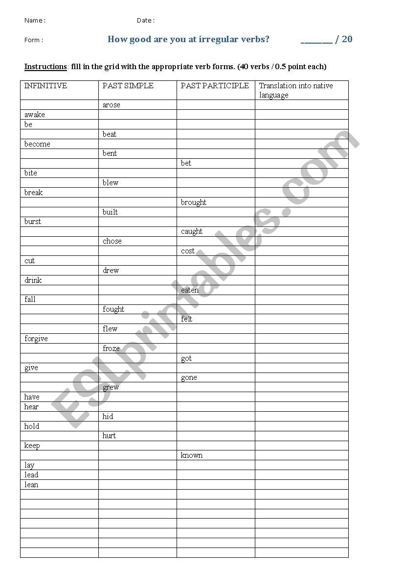 Irregular verbs grid to fill in and exercises to revise irregular verbs