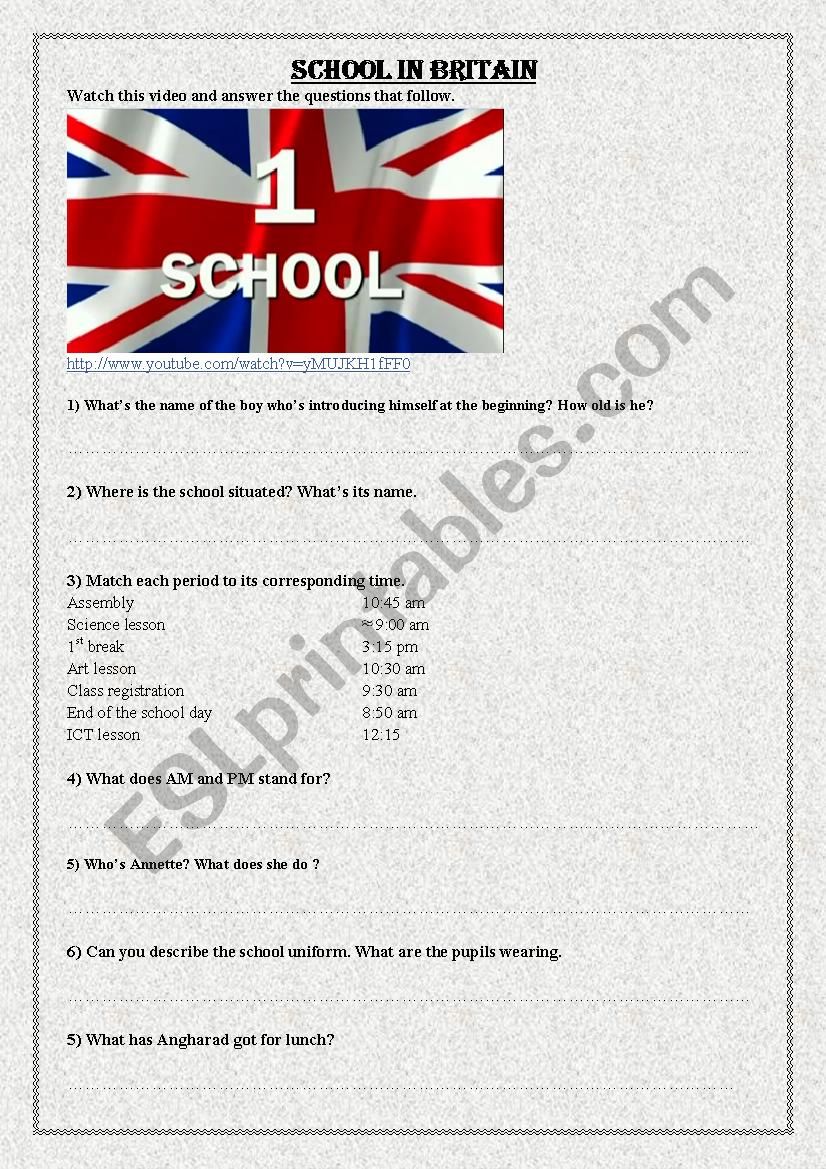 School in Britain worksheet