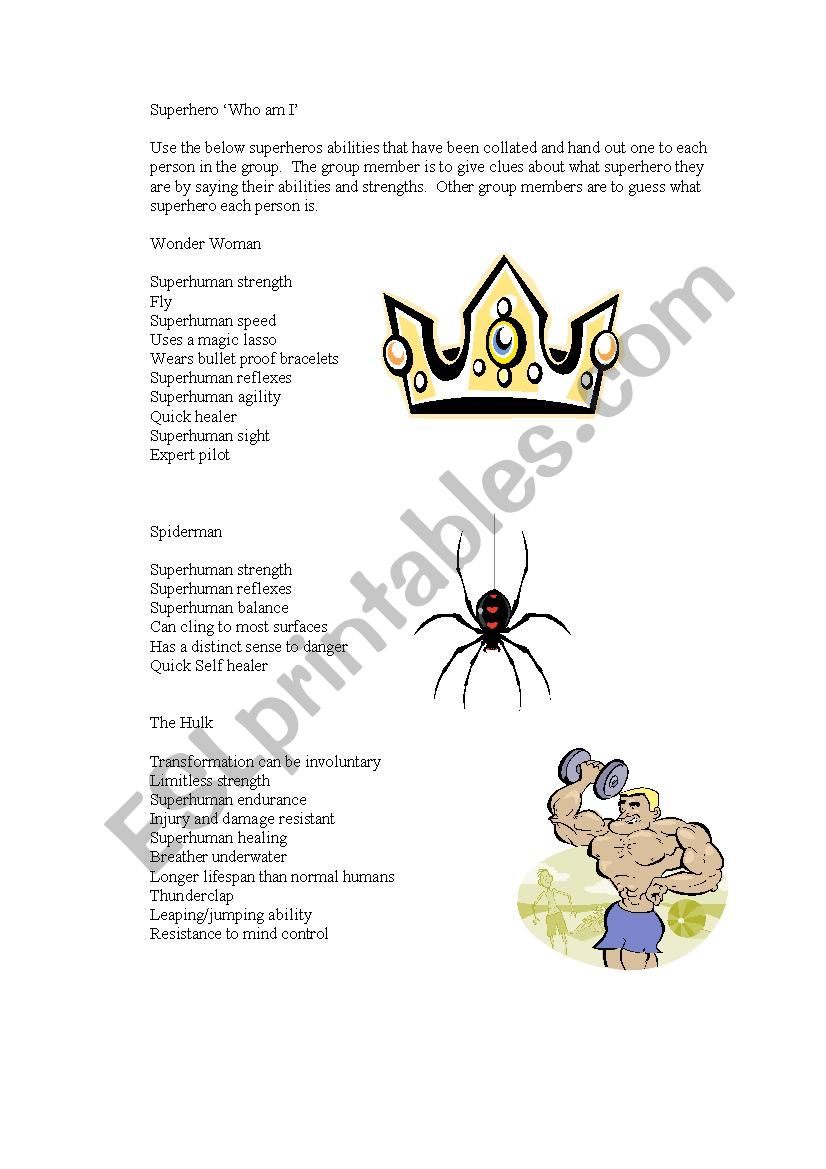 Superhero Who am I worksheet