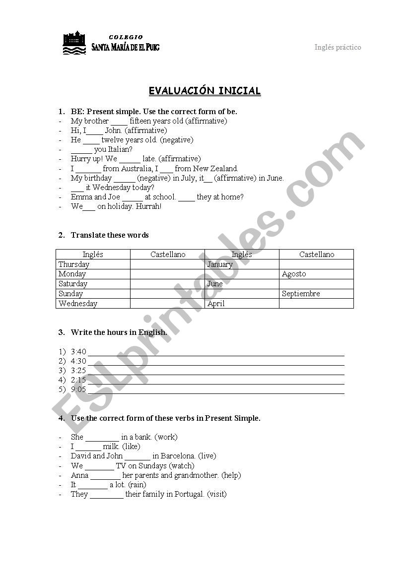 Initial exam worksheet