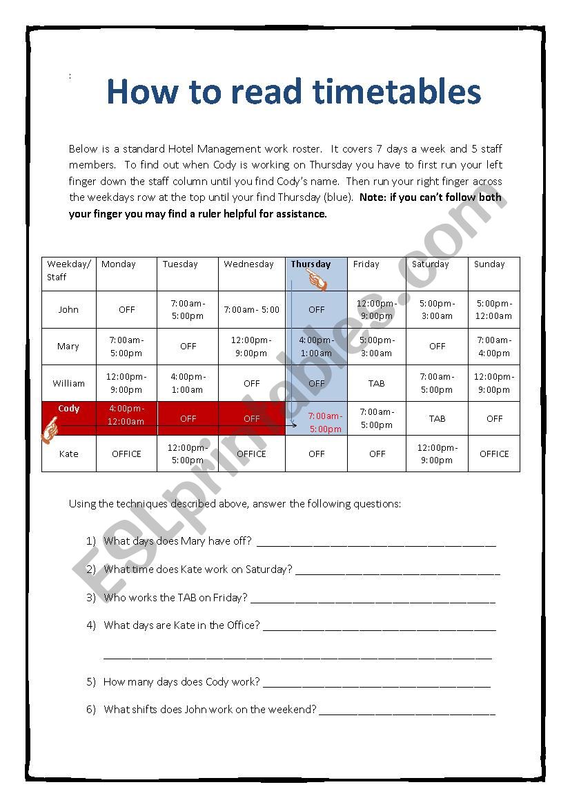 How to read a timetable/roster