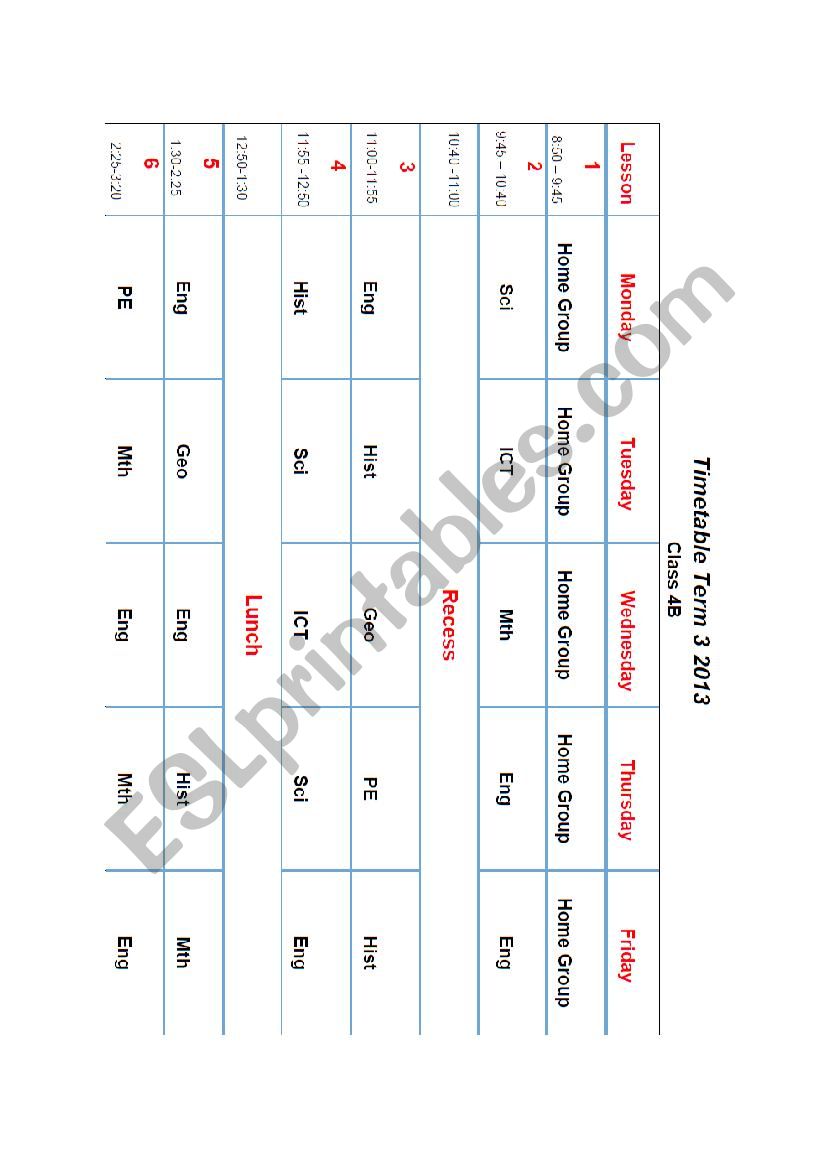 Timetable crossword puzzle worksheet
