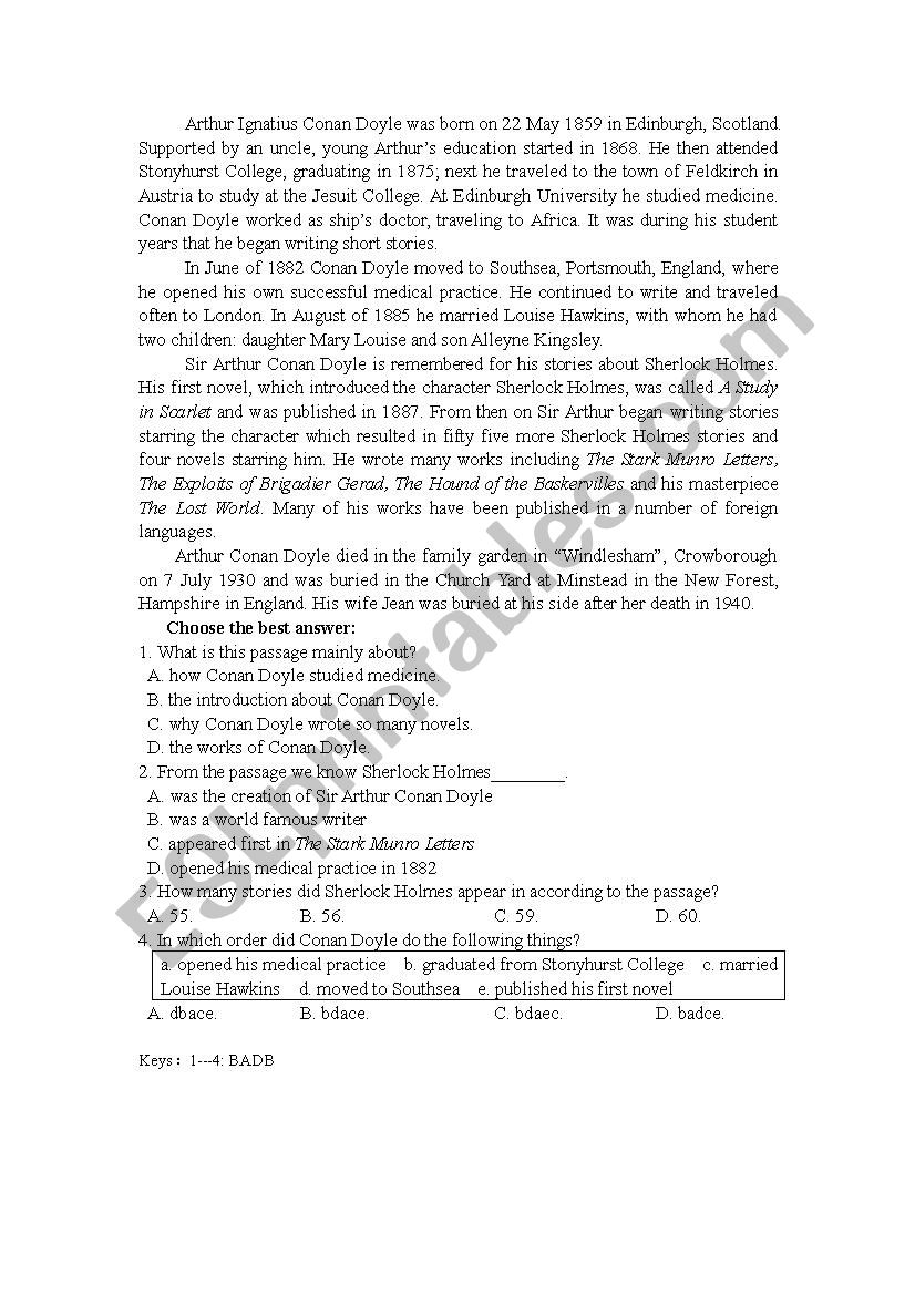 Arthur Ignatius Conan Doyle worksheet