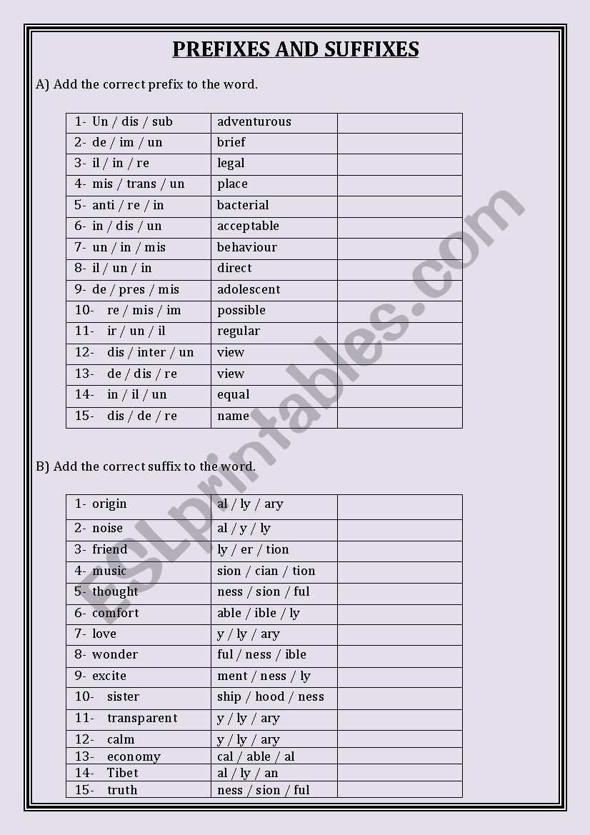 Prefixes and Suffixes worksheet