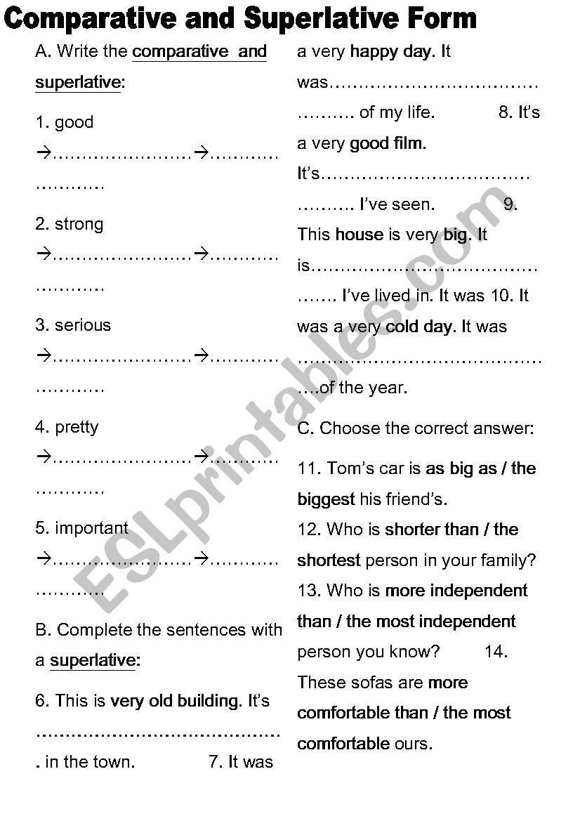 Comparatives and Superlatives worksheet