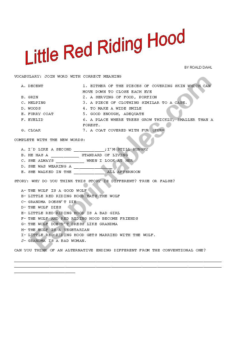 Revolting rhymes Roald Dahl worksheet