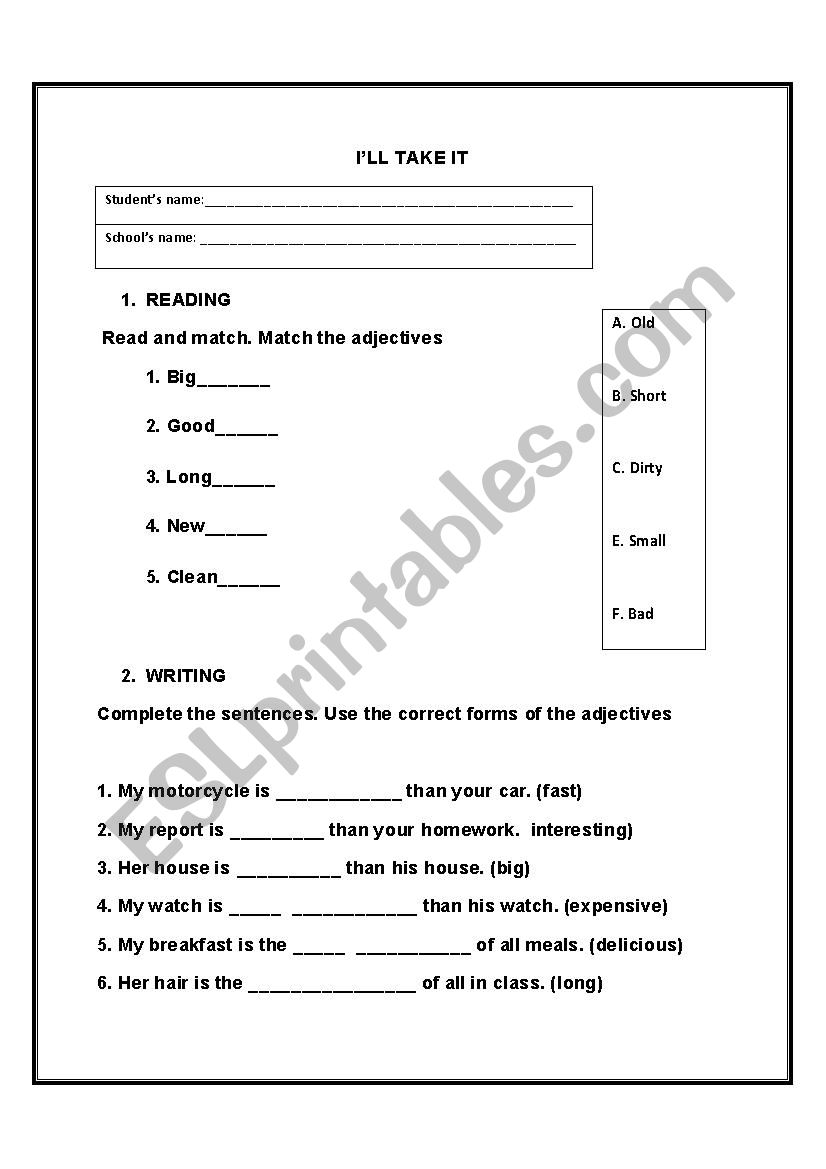 The Use of Adjectives worksheet