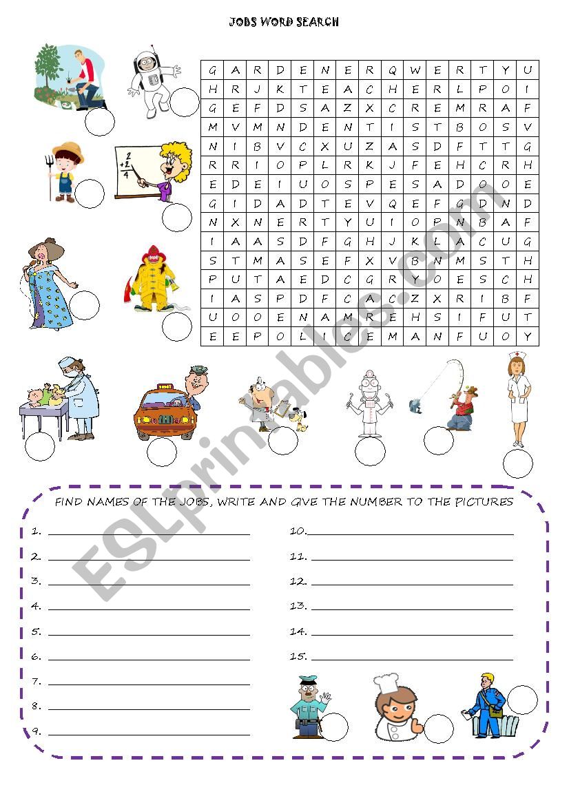 job wordsearch worksheet