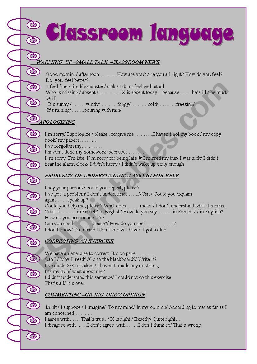 Classroom language worksheet