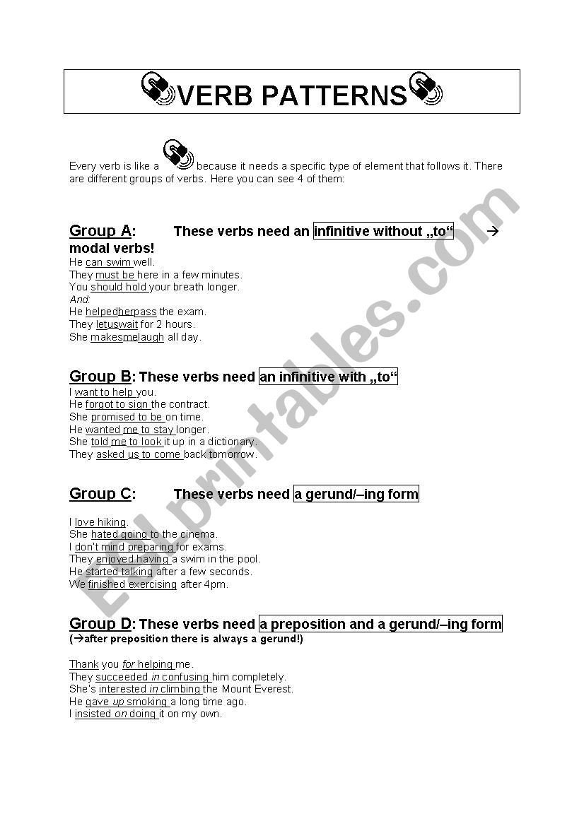 Introduction to Verb Patterns worksheet