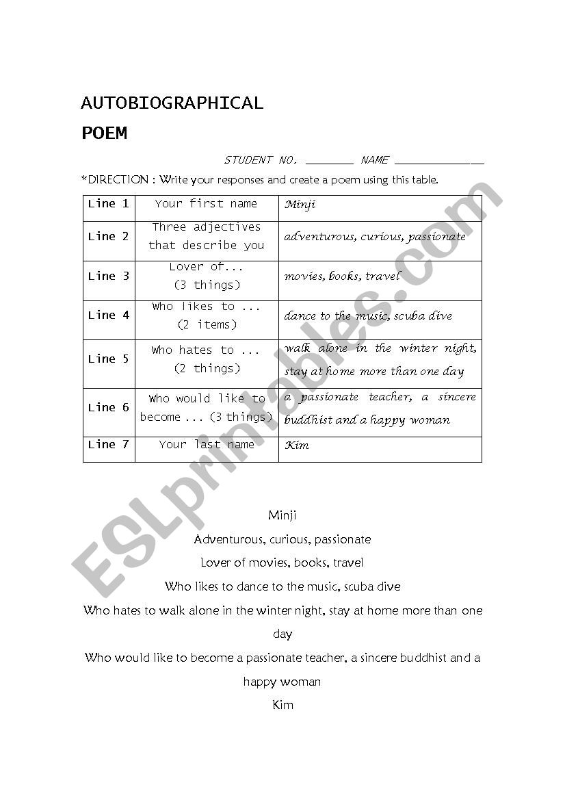 autobiographical poem worksheet