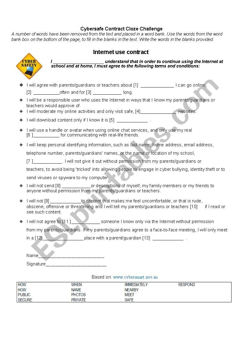 Cybersafety Contract Cloze Exercise