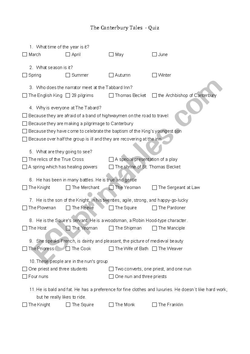 THE GENERAL PROLOGUE QUIZ worksheet