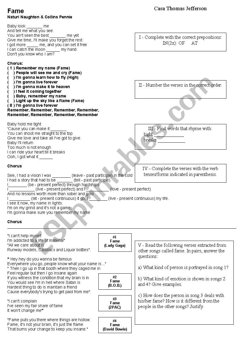 Fame worksheet