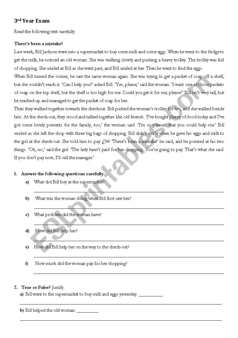 Exam 3rd year worksheet