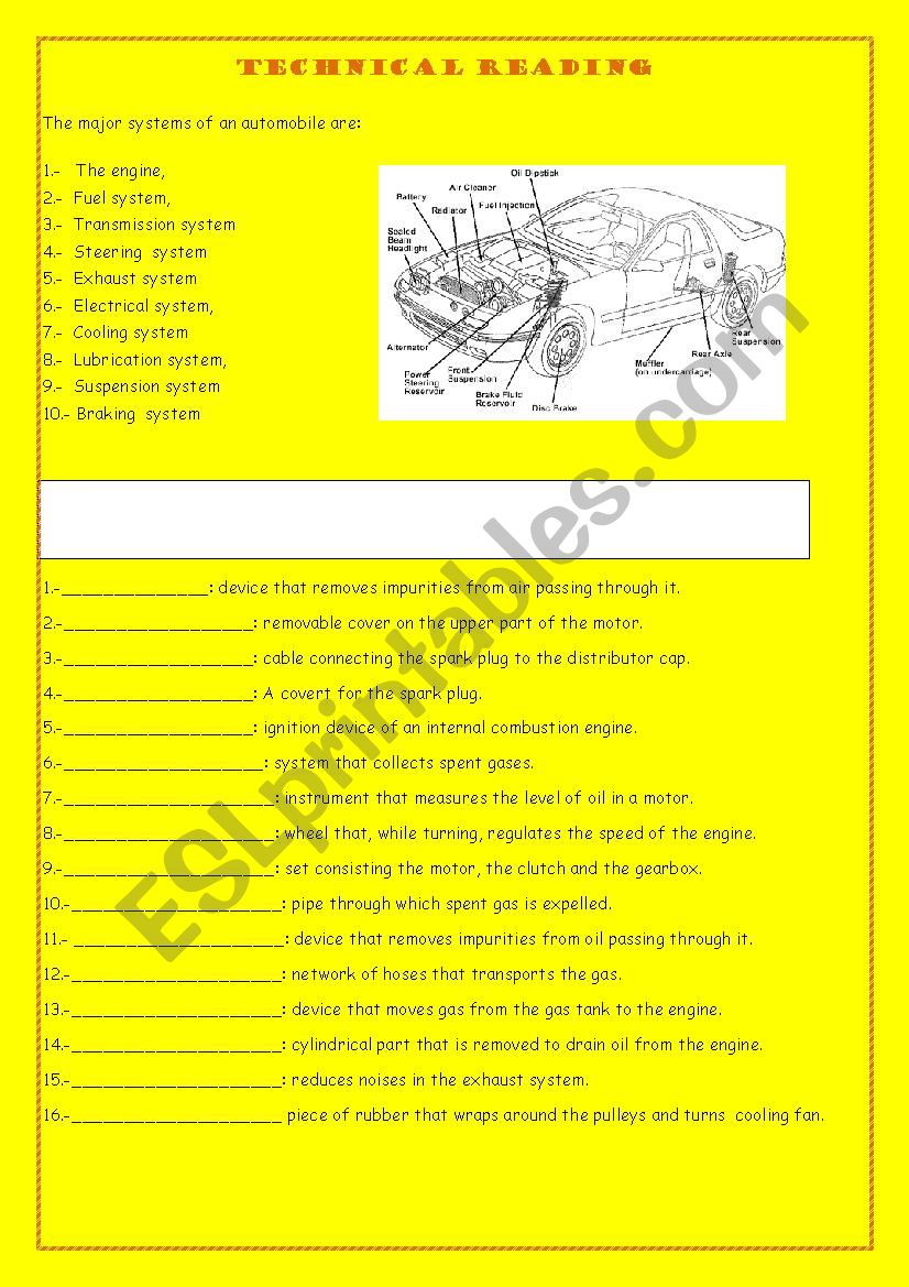 Automobile parts worksheet