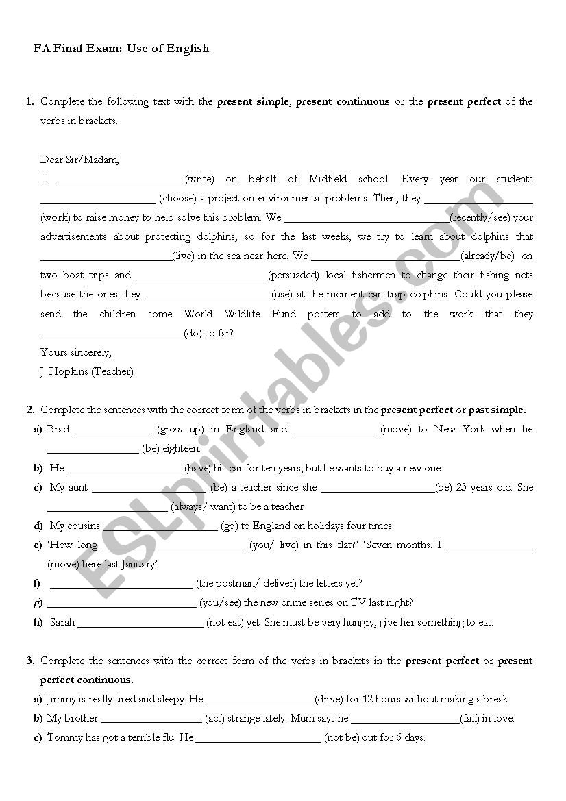 Intermediate grammar test worksheet