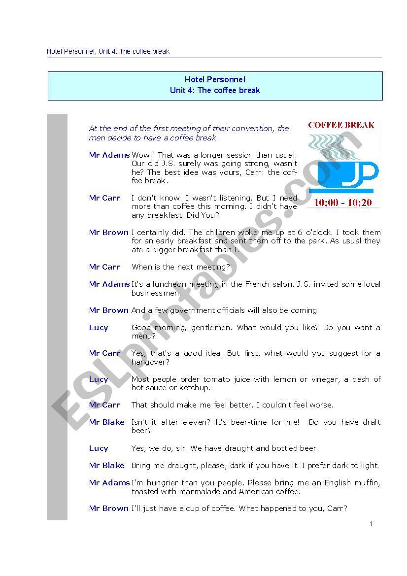 Hotel personnel U4 worksheet