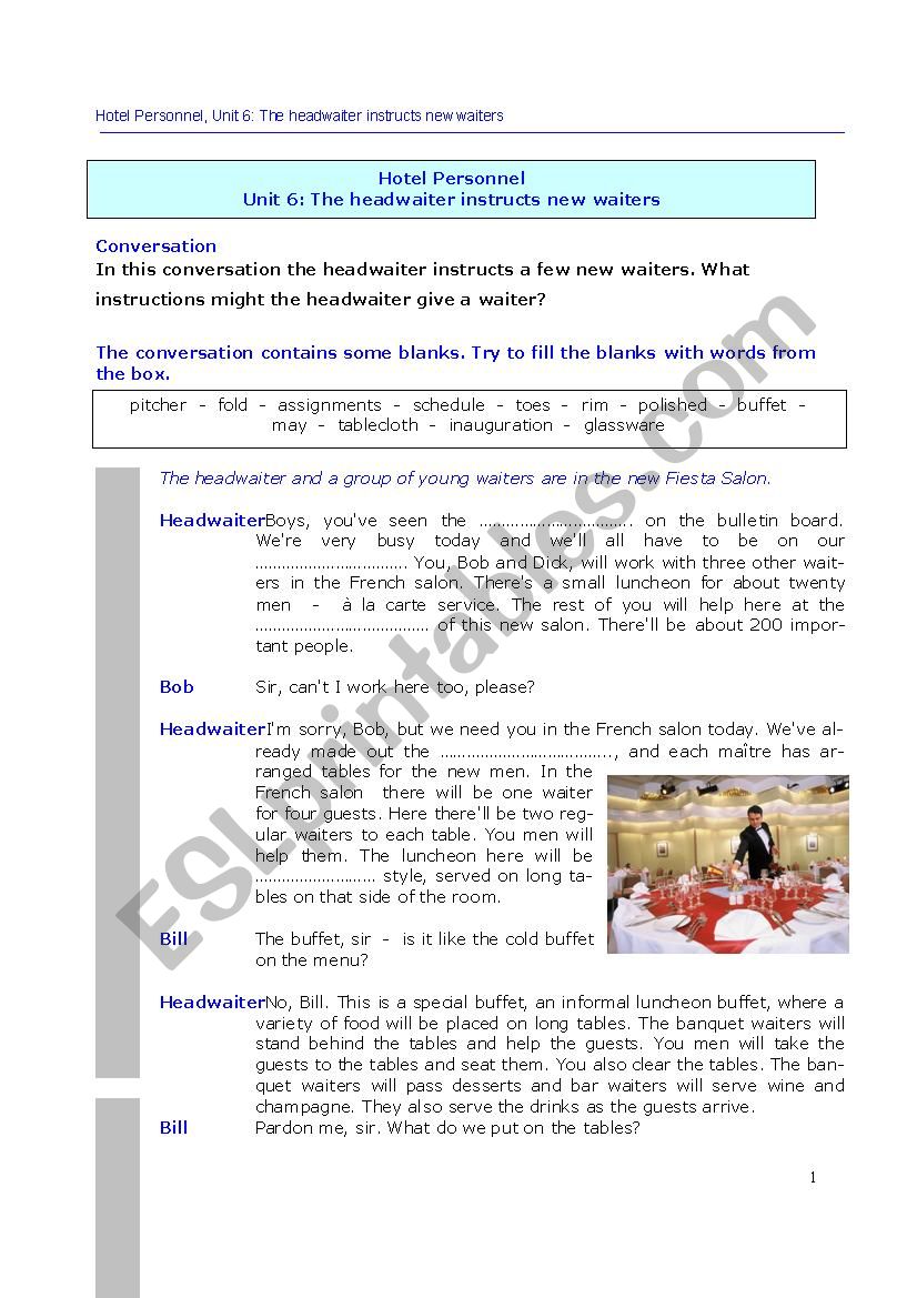 Hotel personnel U6 worksheet