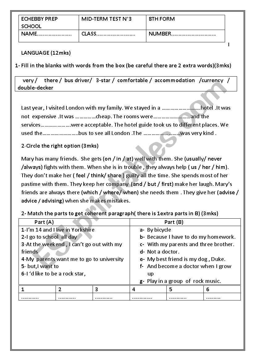 mid of term test 3 8th form worksheet