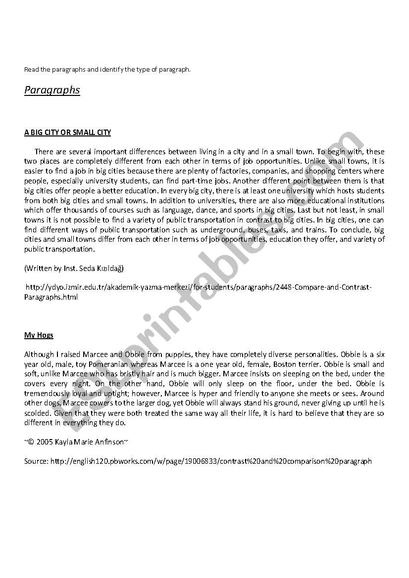 Classifying paragraphs worksheet