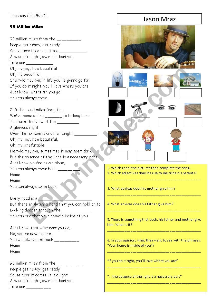 93 Million Miles- Jason Mraz - Song activity and class discussion- teachers key included