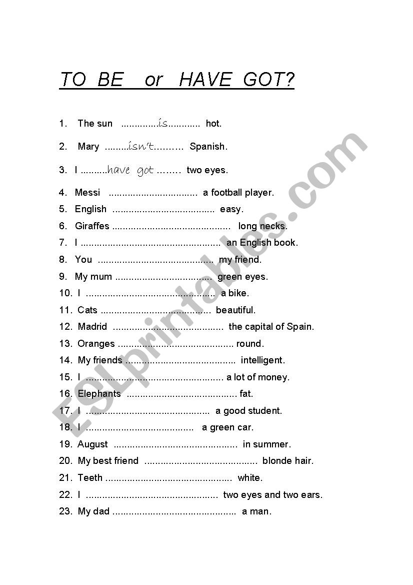 TO BE - HAVE GOT worksheet