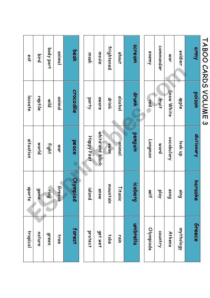 Taboo Cards Volume 3 worksheet