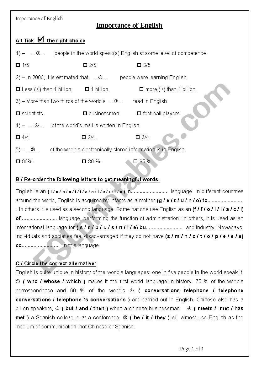 IMPORTANCE OF ENGLISH worksheet