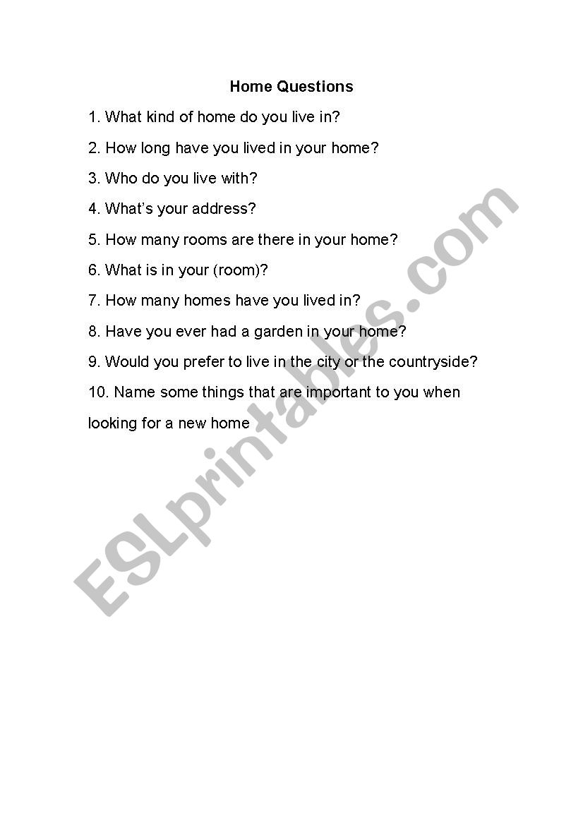 Home Questions worksheet