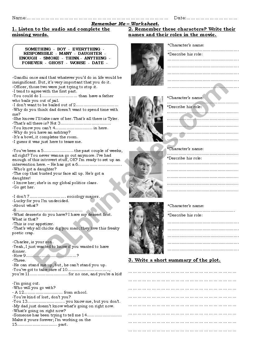 Remember me movie - trailes worksheet