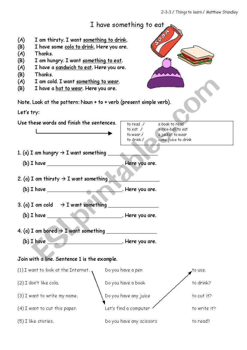 I have something TO eat. worksheet