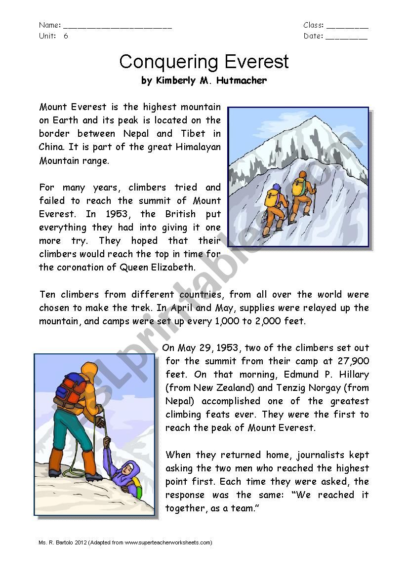 Conquering Everest worksheet