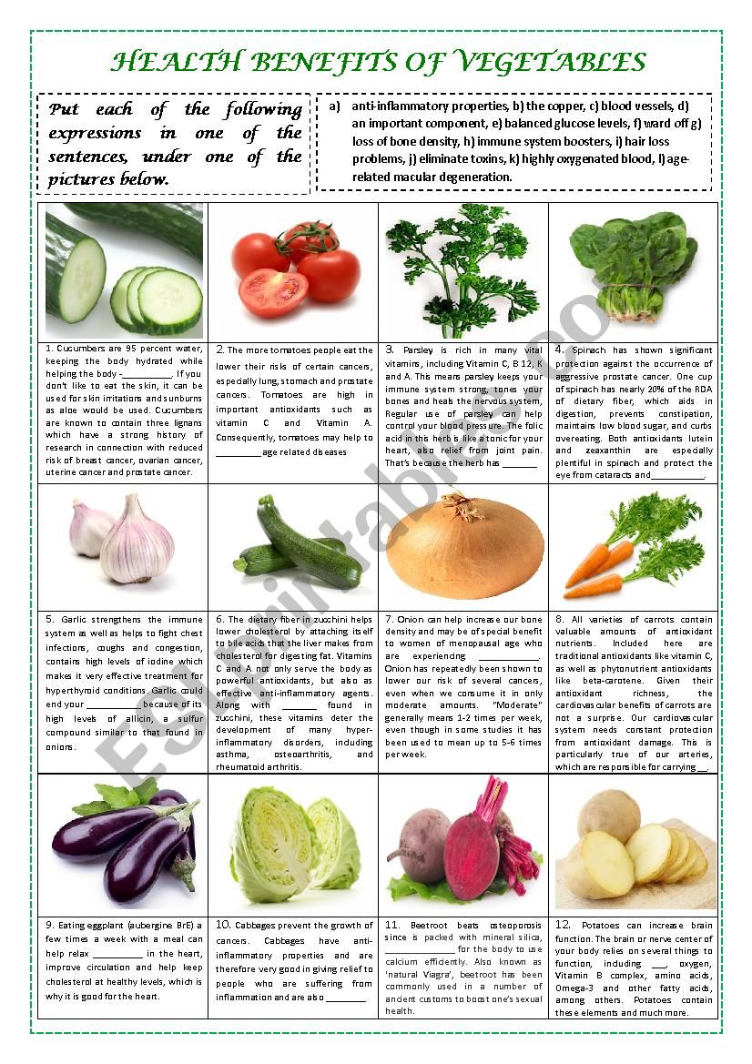 health benefits of vegetables part 1 (plus key) - esl