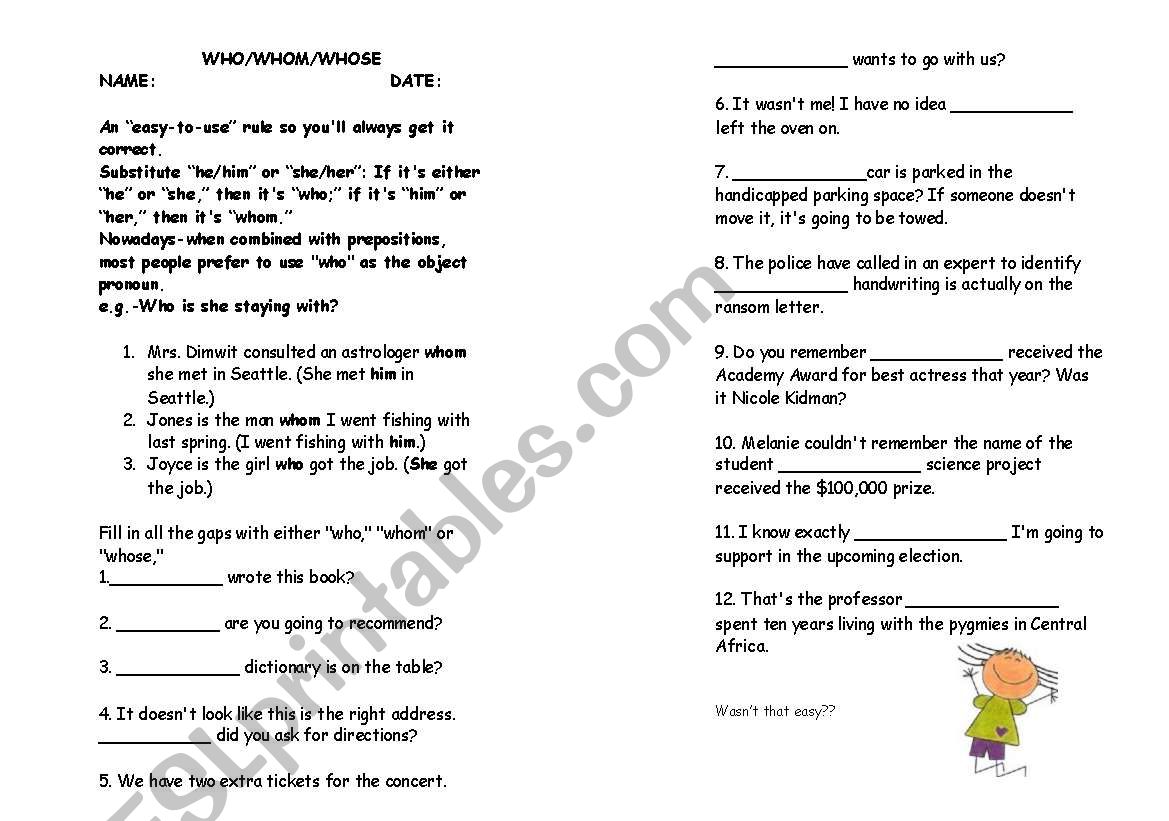 Who Whom Whose usage worksheet