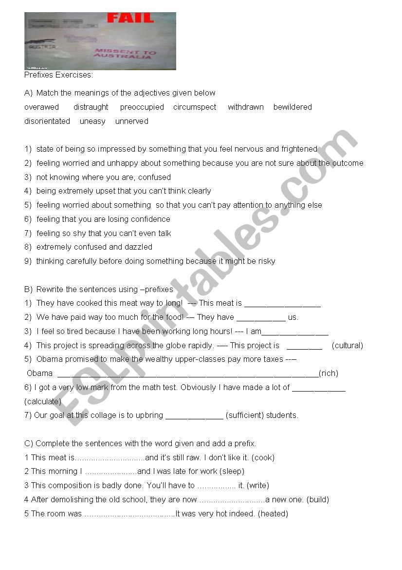 Prefixes Exercises worksheet