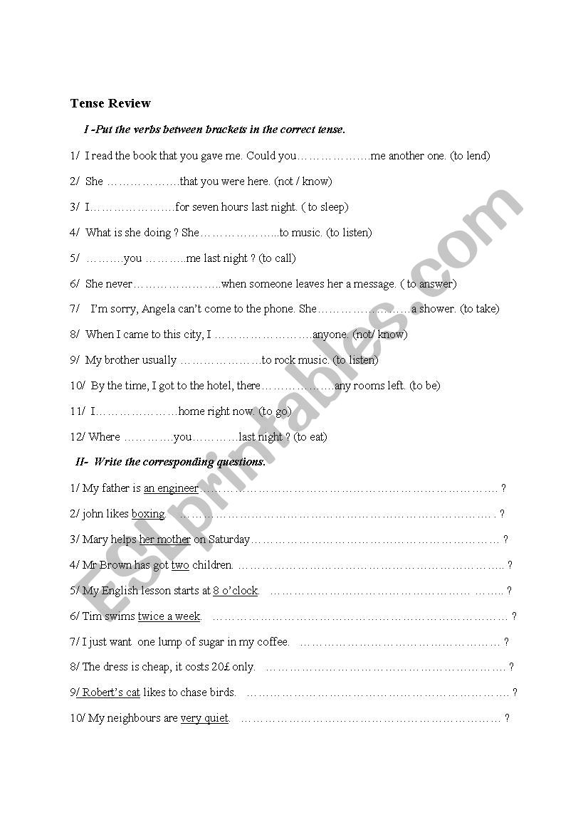 tense review 8th grade worksheet