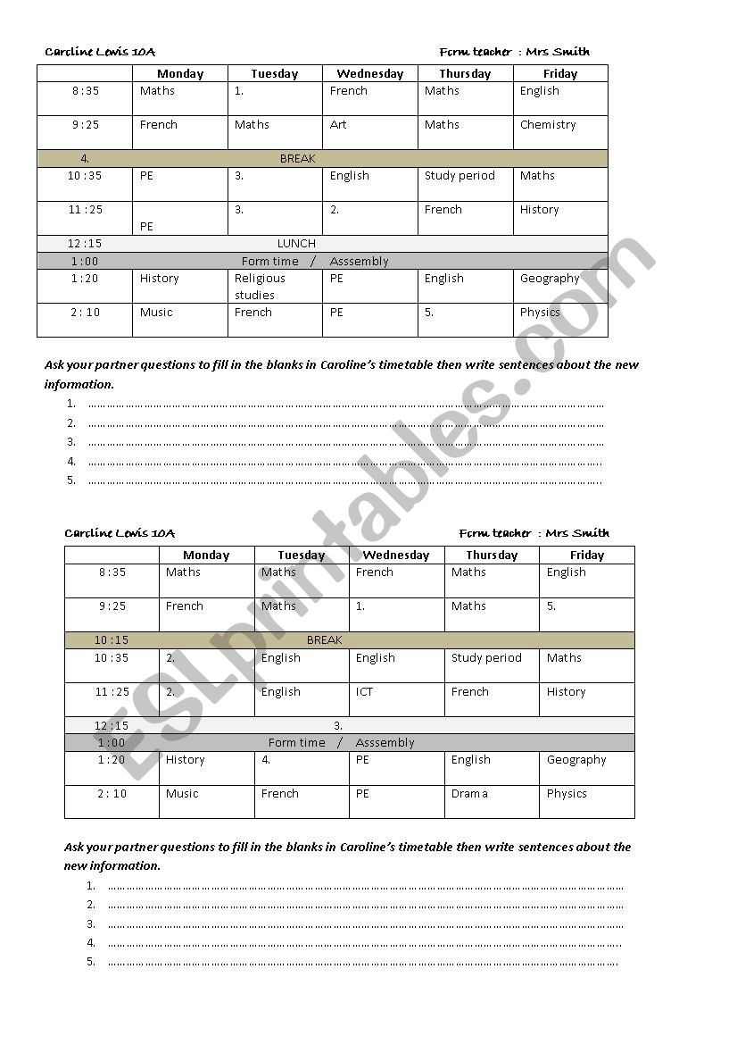 School timetables worksheet