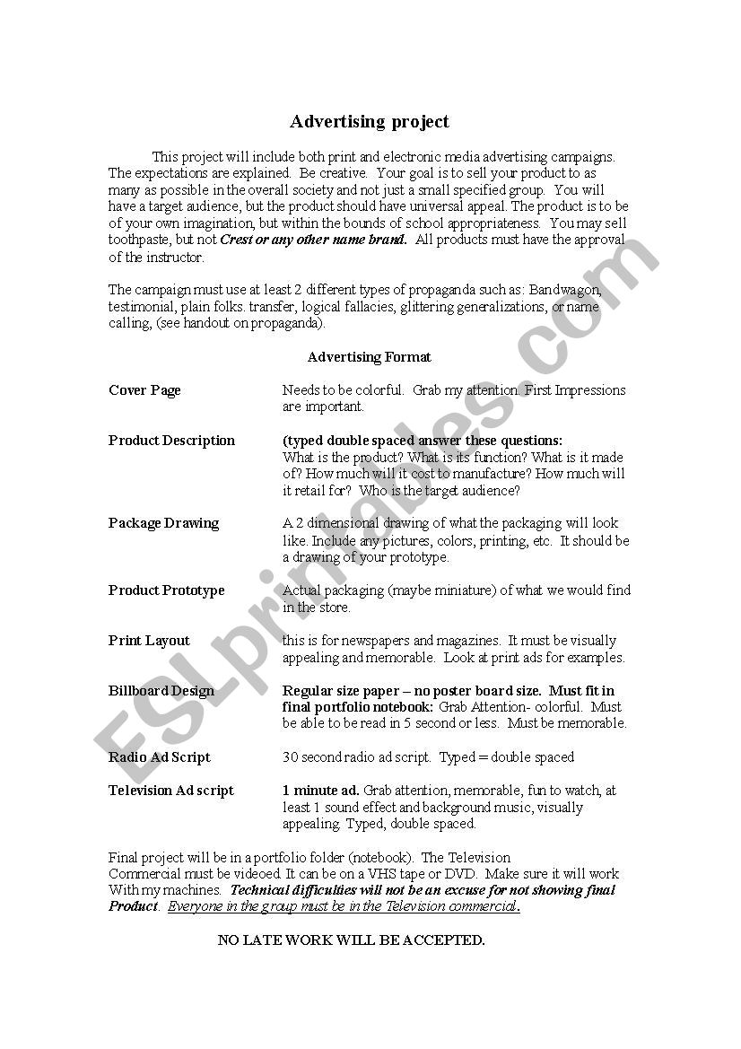 Advertising Project worksheet