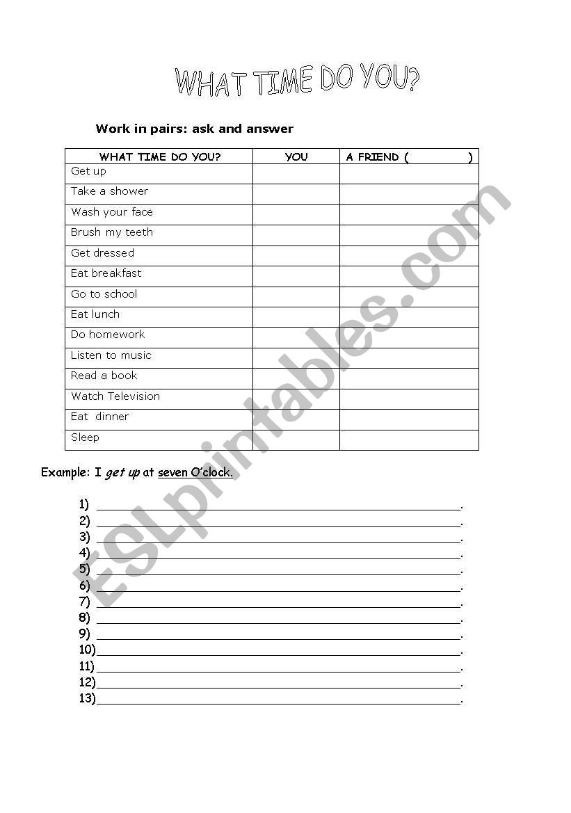 what time do you  get up? worksheet