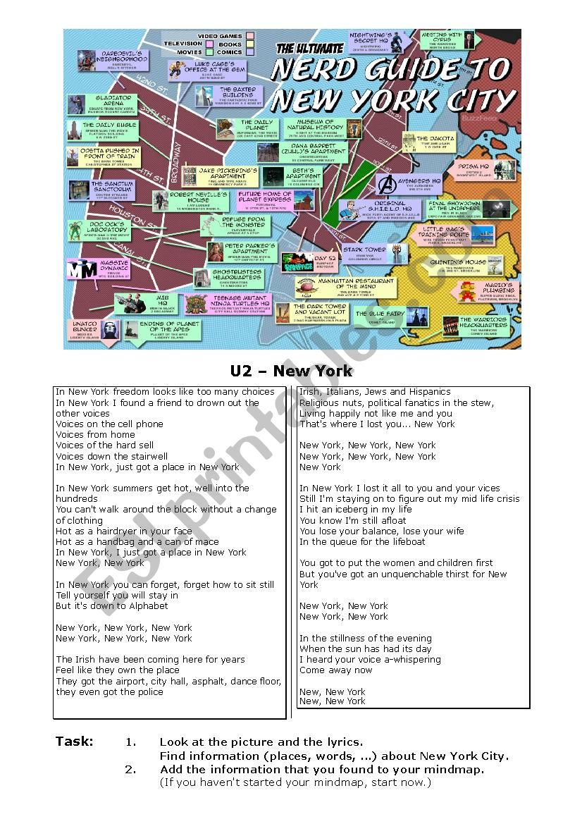 New York City Mindmap worksheet