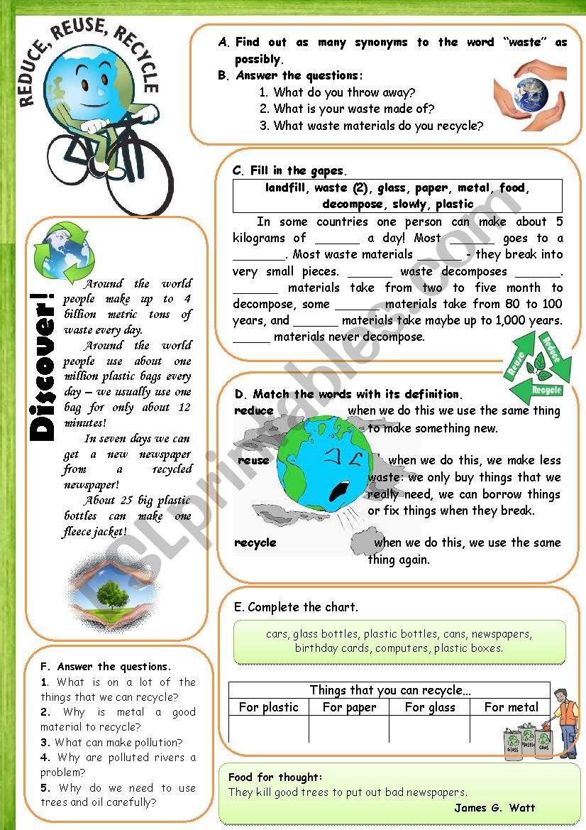 reuse, reduce, recycle worksheet