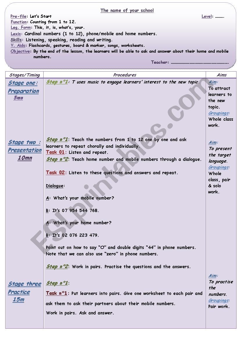 Numbers - lesson Plan worksheet