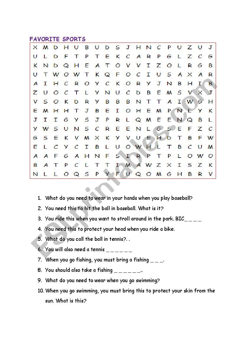 Sports Equipment worksheet