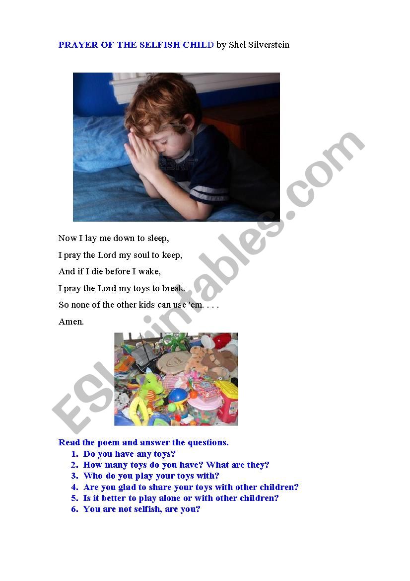 Prayer Of The Selfish Child A Poem Esl Worksheet By Korova Daisy