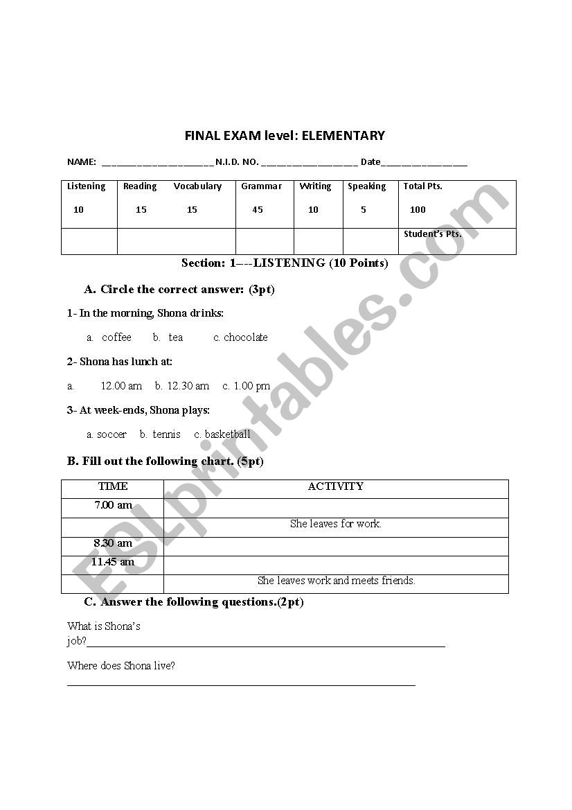 Final Exam New Headway elementary