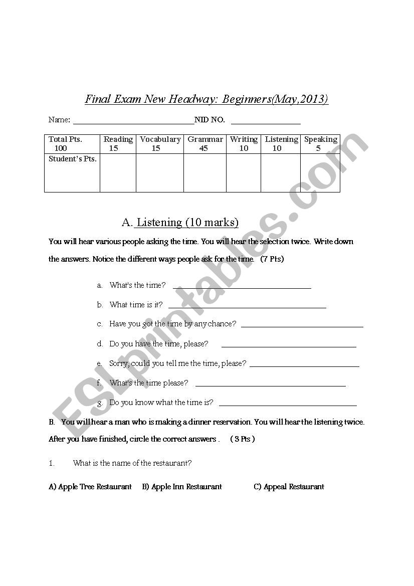 Beginners New Headway Final Exam